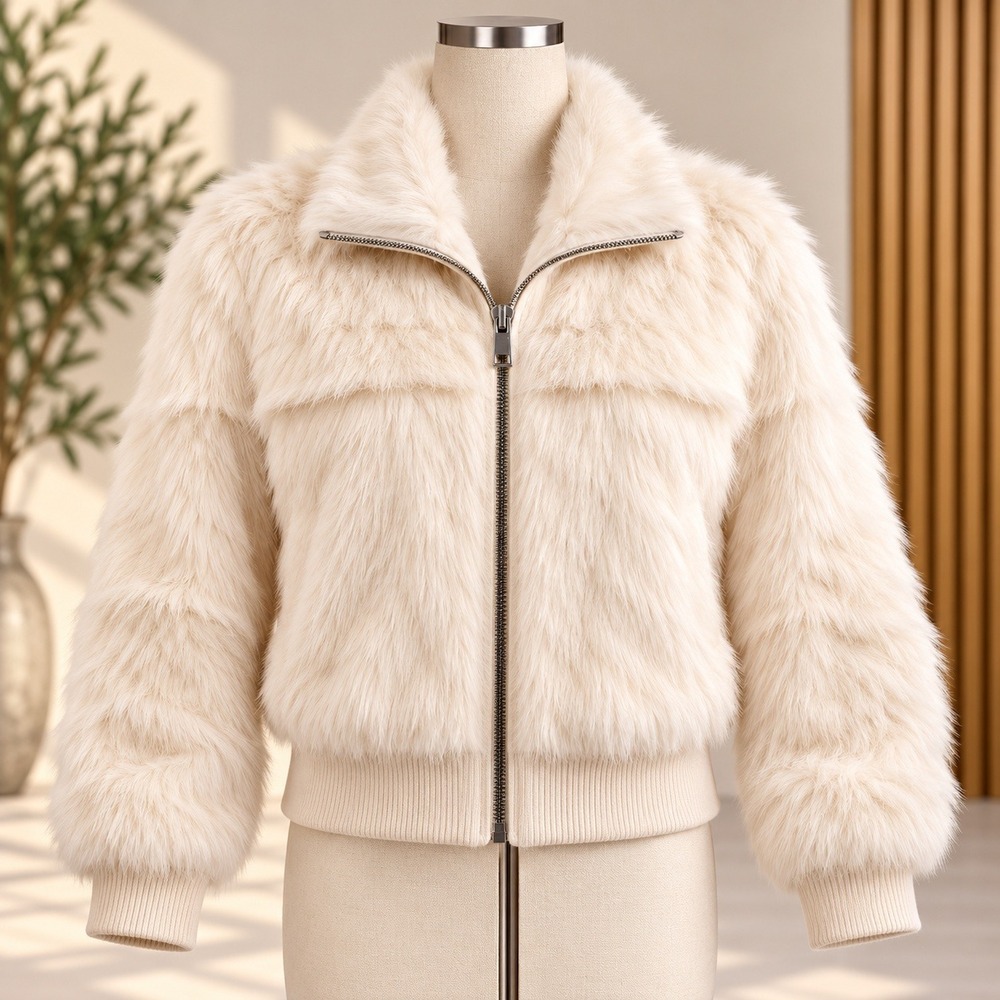 Wilsons Leather Maxima Rabbit Fur Bomber Jacket Womens Medium Cream Zip Up Luxe